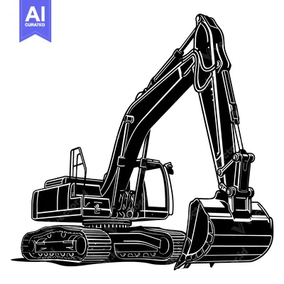 Aset desain premium: Black and White Illustration of a Excavator with its Arm Raised