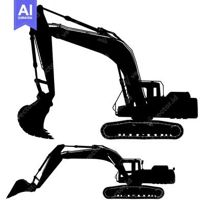 Aset desain premium: Two Black Silhouettes of Excavators with Digging Arms and Track System