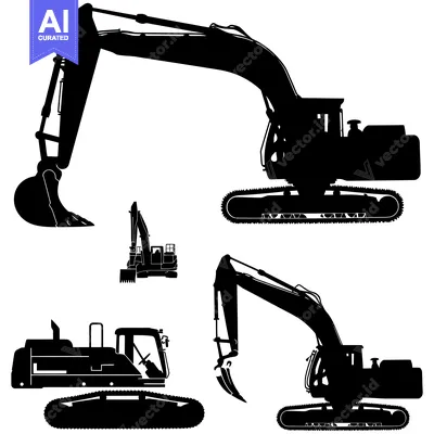 Black and White Silhouettes of Excavators in Various Positions