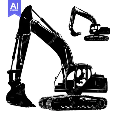 Aset desain premium: Black and White Silhouette of an Excavator with Arm Extended