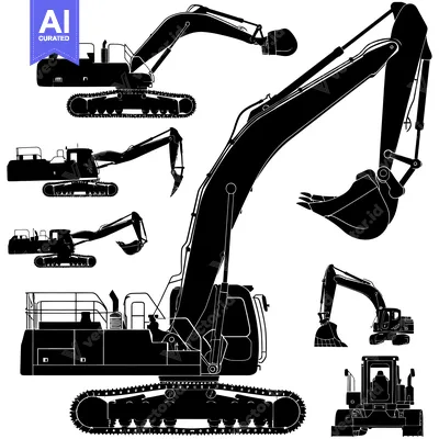 Excavator in Various Poses - Black and White Silhouette Illustration