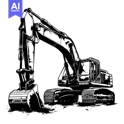 Black and White Illustration of an Excavator with an Extended Arm and