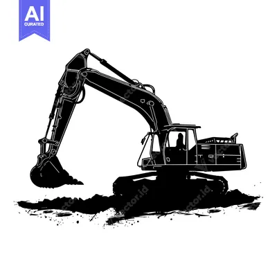 Aset desain premium: Black and White Silhouette of an Excavator Digging in the Dirt