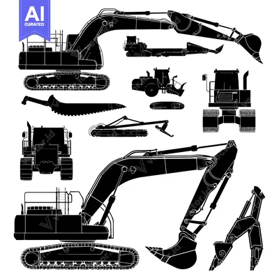 Aset desain premium: Collection of Excavator Silhouettes in Black and White