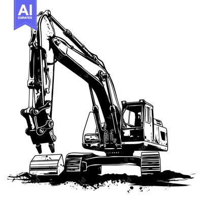 Aset desain premium: Black and white illustration of an excavator on a dirt surface