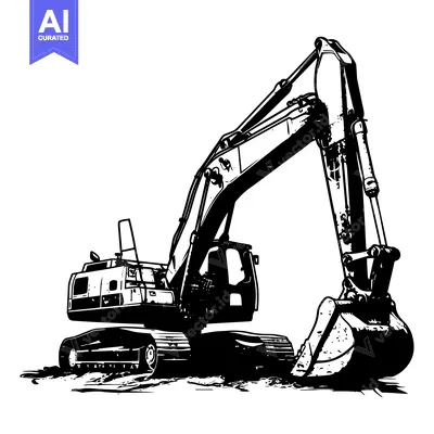 Premium design asset: Black and white illustration of a large excavator with a raised arm