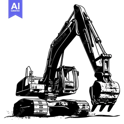 Black and White Illustration of an Excavator Digging