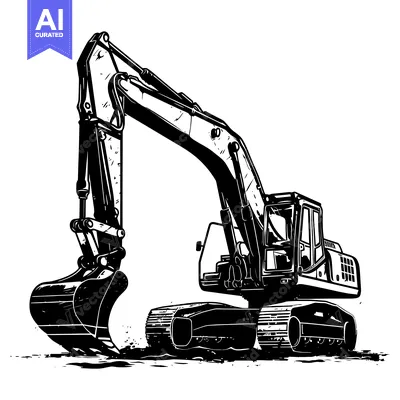 Black and white illustration of a large excavator