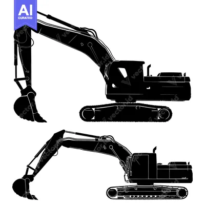 Silhouette of Two Excavators with Digging Arms Extended