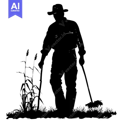 Popular premium asset: Silhouette of a Man in a Cowboy Hat Leaning on Two Sticks, Standing in