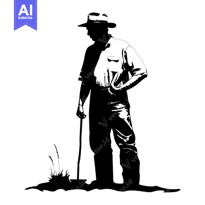 Aset desain premium: Silhouette of a farmer with a shovel standing in a field