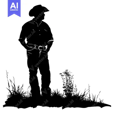 Aset desain premium: Silhouette of a cowboy standing in tall grass