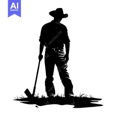 Aset desain premium: Silhouette of a Man with a Shovel Standing in Grass