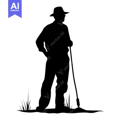 Popular premium asset: Silhouette of a Man with a Hat Holding a Stick Standing in Grass