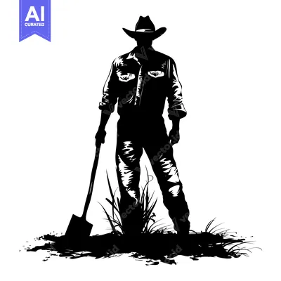Aset desain premium: Silhouette of a Cowboy Holding a Shovel Standing in Grass