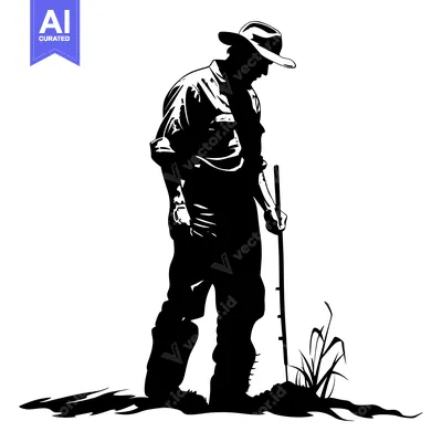 Popular premium asset: Silhouette of a Man in a Cowboy Hat Standing with a Stick in a Field