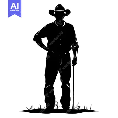Aset desain premium: Silhouette of a Cowboy Standing with a Cane