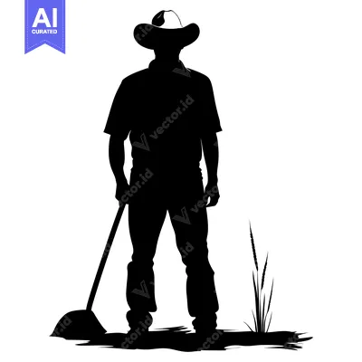 Aset desain premium: Silhouette of a Farmer Holding a Shovel in a Field