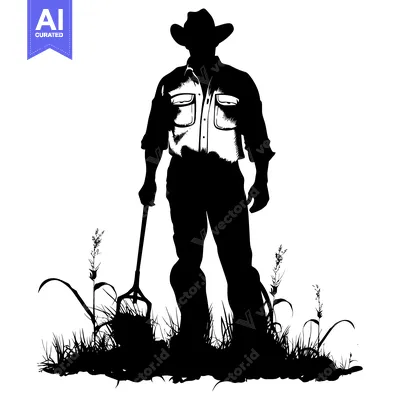 Silhouette of a Cowboy Holding a Pitchfork in a Field