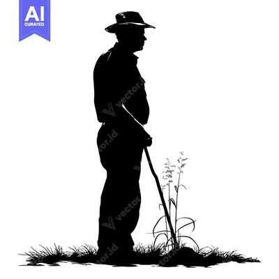 Premium design asset: Silhouette of a Man in a Hat Holding a Stick in a Field