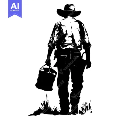 Aset desain premium: Silhouette of a cowboy walking away with a bucket