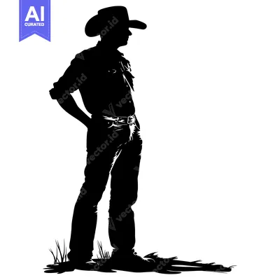Aset desain premium: Silhouette of a Cowboy Standing in Grass