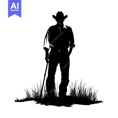 Popular premium asset: Silhouette of a Cowboy Standing in Tall Grass with a Cane