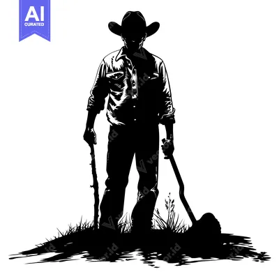 Silhouette of a Cowboy Holding a Pickaxe and a Stick