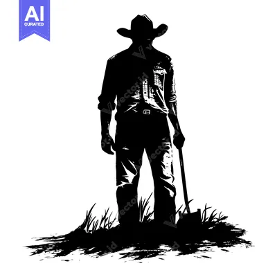 Aset desain premium: Silhouette of a Cowboy Standing in a Field with a Shovel