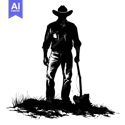 Aset premium populer: Silhouette of a Cowboy Holding a Shovel in a Field
