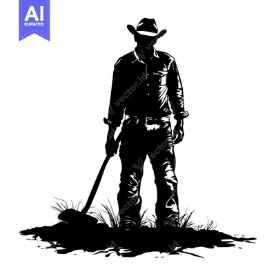 Premium design asset: Silhouette of a Cowboy Holding a Shovel in a Field