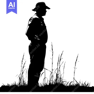 Premium design asset: Silhouette of a Man in a Hat Standing in Tall Grass