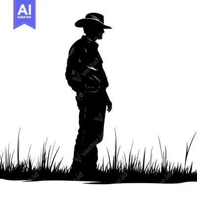 Aset desain premium: Silhouette of a Cowboy Standing in Tall Grass