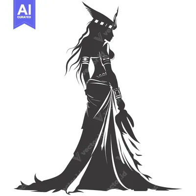Aset desain premium: Silhouette of a Woman in a Flowing Dress and Winged Headpiece