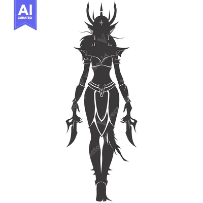 Aset premium populer: Silhouette of a Female Warrior with Horns and Daggers