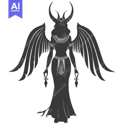Premium design asset: Silhouette of a winged woman holding an ankh in each hand, wearing tra