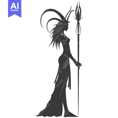 Premium design asset: A Silhouette of a Woman with Horns and a Staff