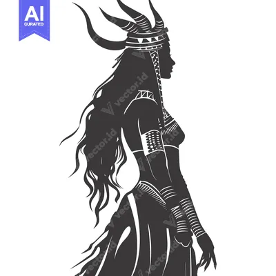 Aset desain premium: Silhouette of a Woman with Horns and Tribal Adornments