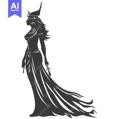 Aset desain premium: Silhouette of a Woman Wearing a Crown and Flowing Robe