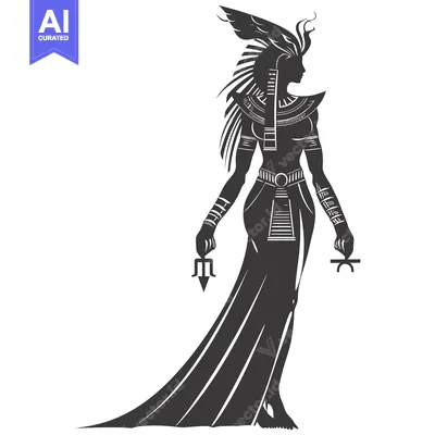 Aset desain premium: Silhouette of an Egyptian Goddess Holding a Trident and Ankh