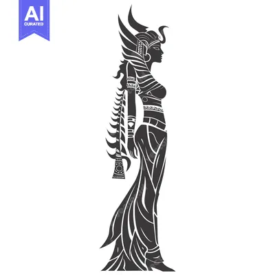 Aset desain premium: Stylized Silhouette of a Female Figure with Ornate Headwear and Dress