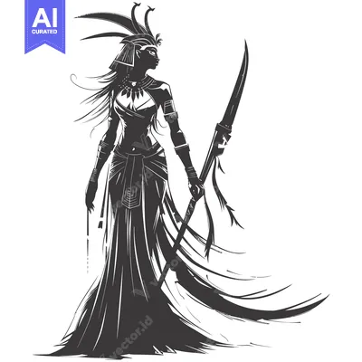 Aset premium populer: Silhouetted Female Warrior with Headdress and Weapon