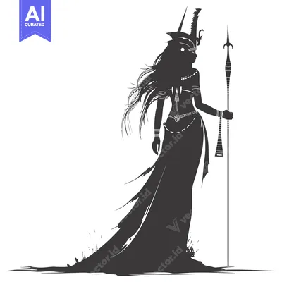 Aset desain premium: Silhouette of a Woman in Traditional Attire Holding a Spear