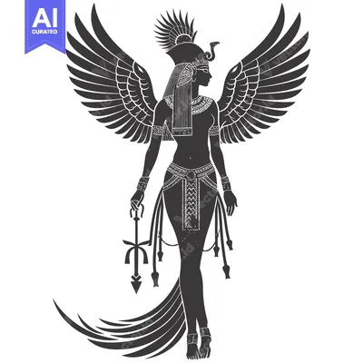 Aset desain premium: Winged Goddess Figure with a Staff and a Crown