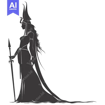 Aset desain premium: Silhouette of a Warrior Queen with a Sword and a Tall Headdress