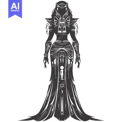 Silhouette of a cloaked female figure with detailed design elements an