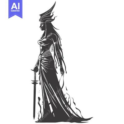Aset desain premium: Silhouetted Woman with Sword and Ornate Headwear