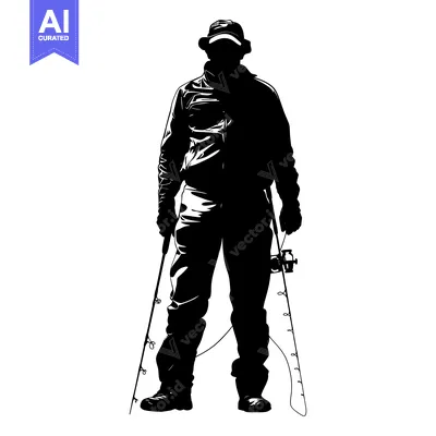 Aset desain premium: Silhouette of a Fisherman Holding Two Fishing Rods