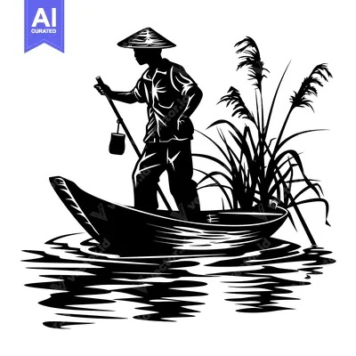 Premium design asset: Silhouette of a Man in a Conical Hat Paddling a Boat Through Reeds