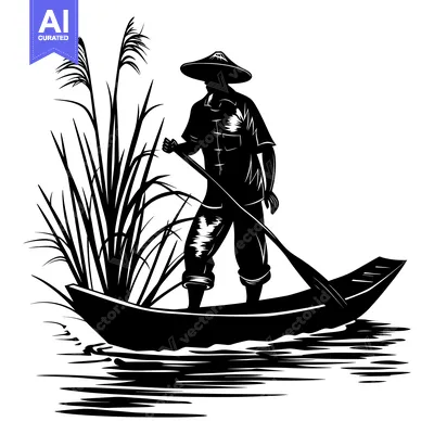 Popular premium asset: Silhouette of a Person in a Boat with a Hat and a Paddle